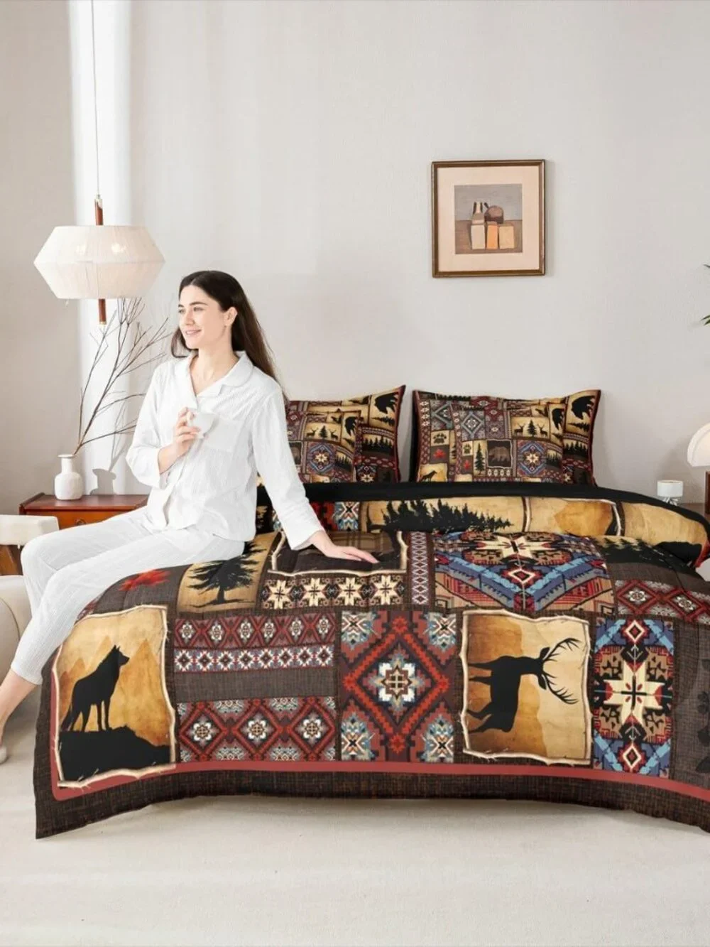 7 Piece Rustic Cabin Plaid Comforter Set Queen,Rustic Farmhouse Aztec Bedding Se